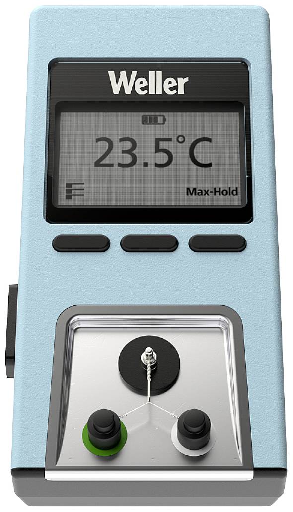 A Weller temperature measuring device displays '23.5°C'. The display has functions for battery status and max hold.