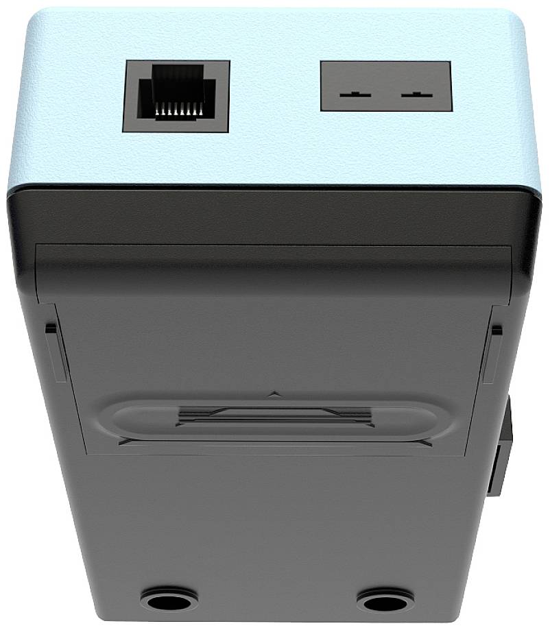 A navy blue and black electronic device with an Ethernet port and a smaller port on the top. It is compact and rectangular in shape.