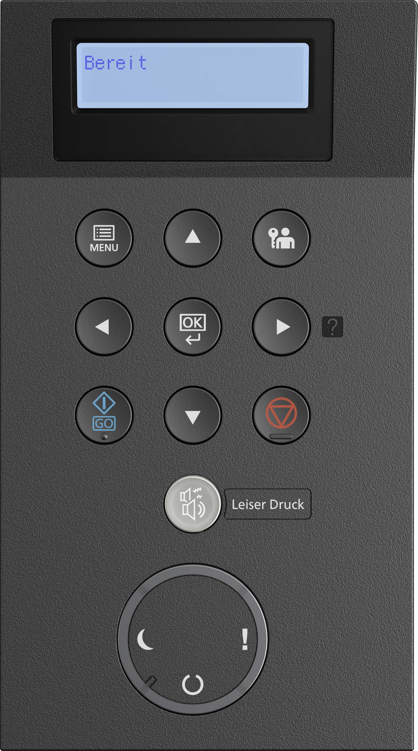 Black control panel with blue display showing 'Ready'. Several buttons, including Menu, arrows, Stop, and a large rotary dial at the bottom.