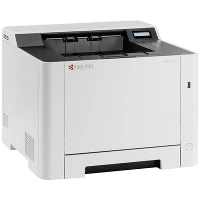 A grey printer with a distinctive control panel and paper output tray; suitable for office applications.