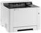 A grey printer with a distinctive control panel and paper output tray; suitable for office applications.