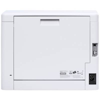 A white office printer with various connection options and labels on the back.