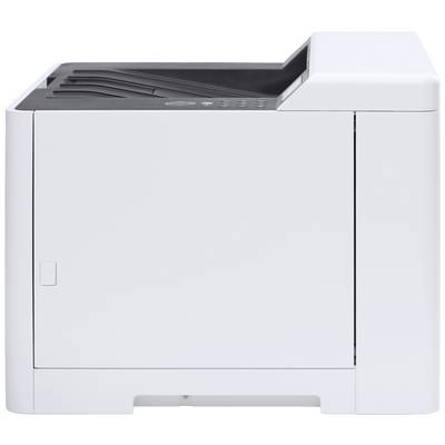 A white laser printer, shown from the side, with paper output tray at the top.