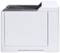 A white laser printer, shown from the side, with paper output tray at the top.