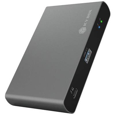 Grey external hard drive enclosure with brand logo 'Icy Box'. Features USB port and LED indicators. Simple, modern design.