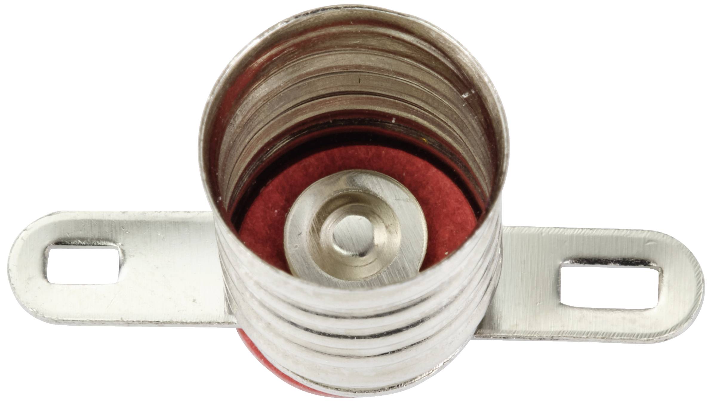Metallic lamp socket viewed from above, cylindrical with two mounting holes on the sides, suitable for electrical connections.