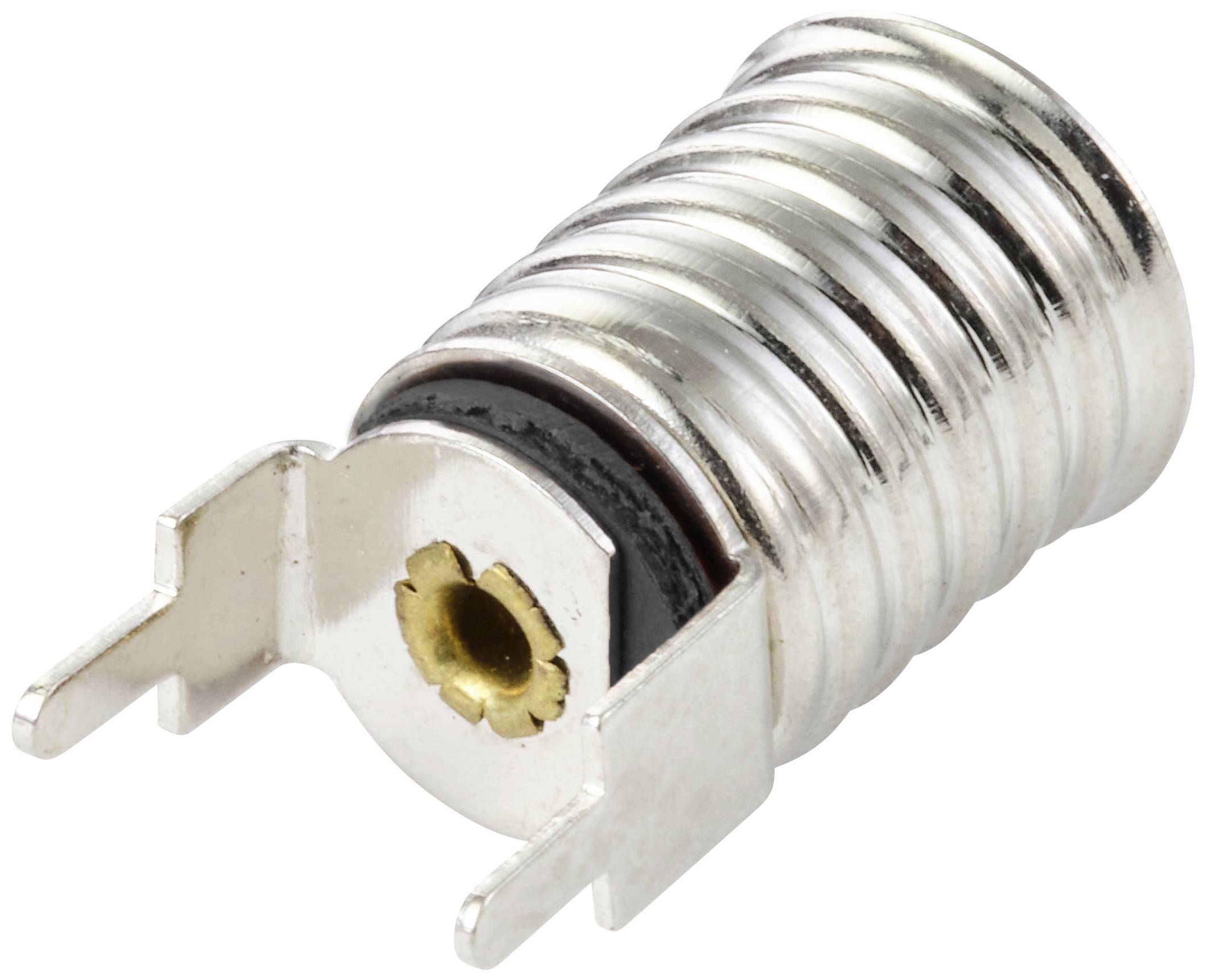 A silver, cylindrical socket with contact pins mounted on the side. Primarily used in electronic devices.