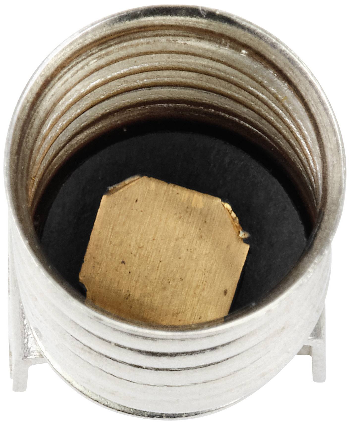 Metallic hollow cylinder with stepped internal threading and a gold-coloured element inside, viewed from above.