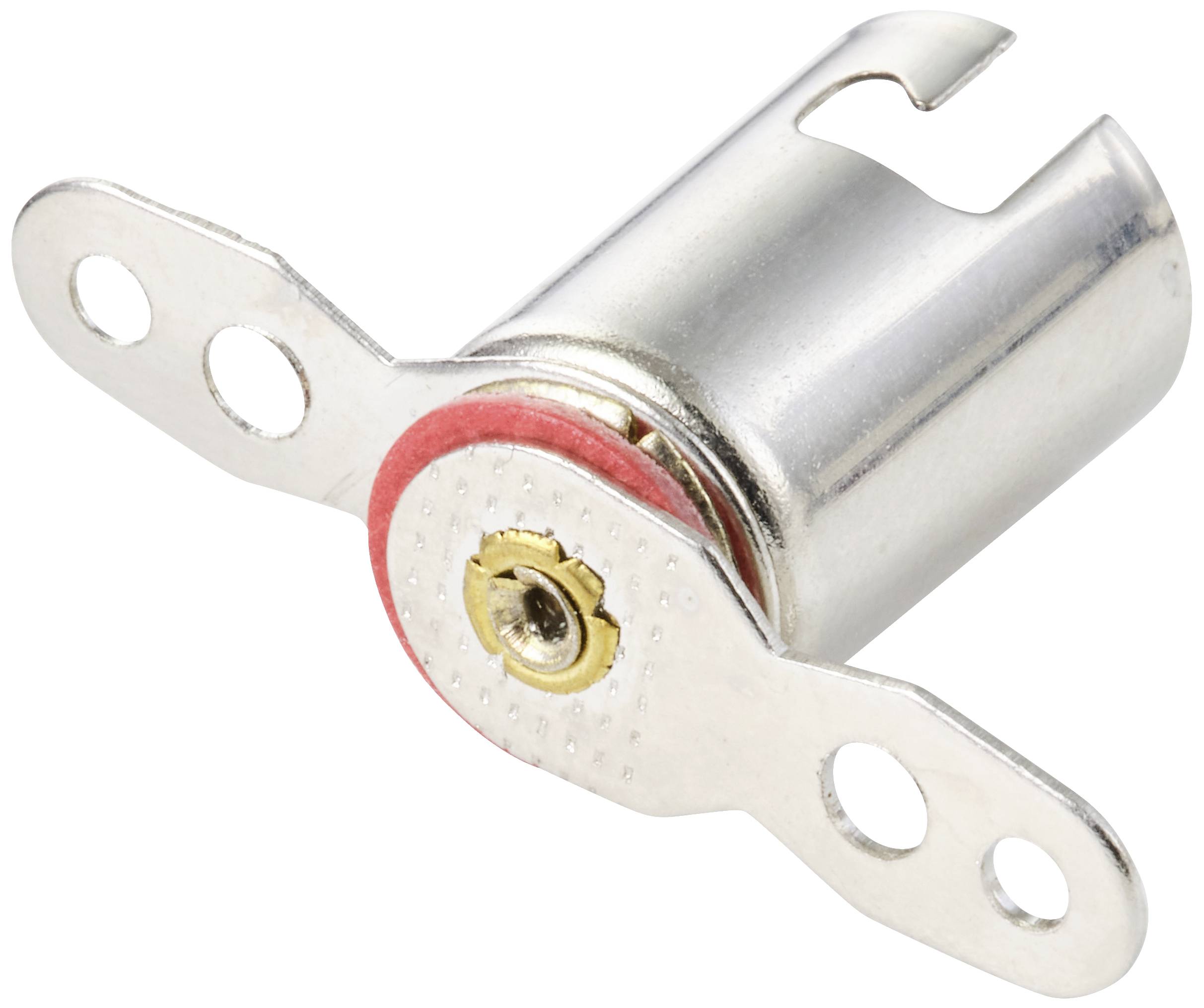 Metal lock cylinder with two side mounting holes and a central opening for the key mechanism, isolated on a white background.