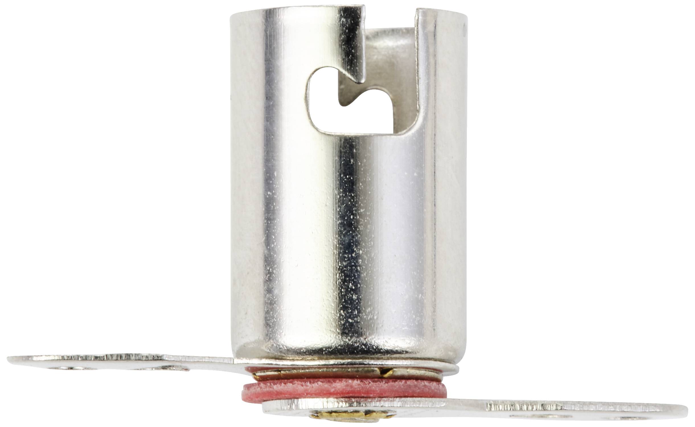 Metal enclosure with a side opening and two flat connection tabs at the base, possibly an electrical component.