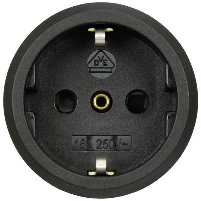 Black European socket, round, with two holes and earthing contact in the centre, suitable for 16A, 250V.