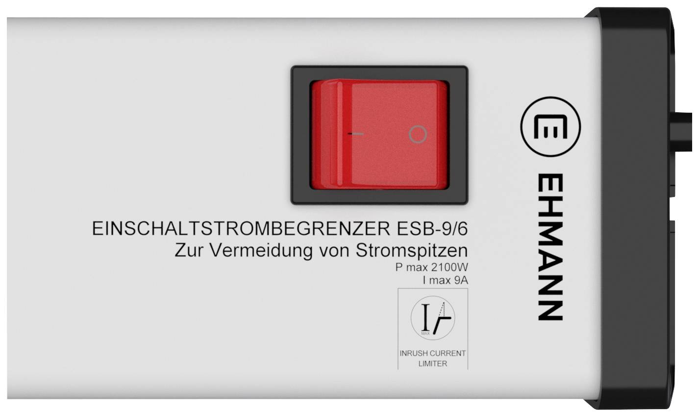 A red switch on an Ehmann brand inrush current limiter with the inscription 'To prevent current peaks'.