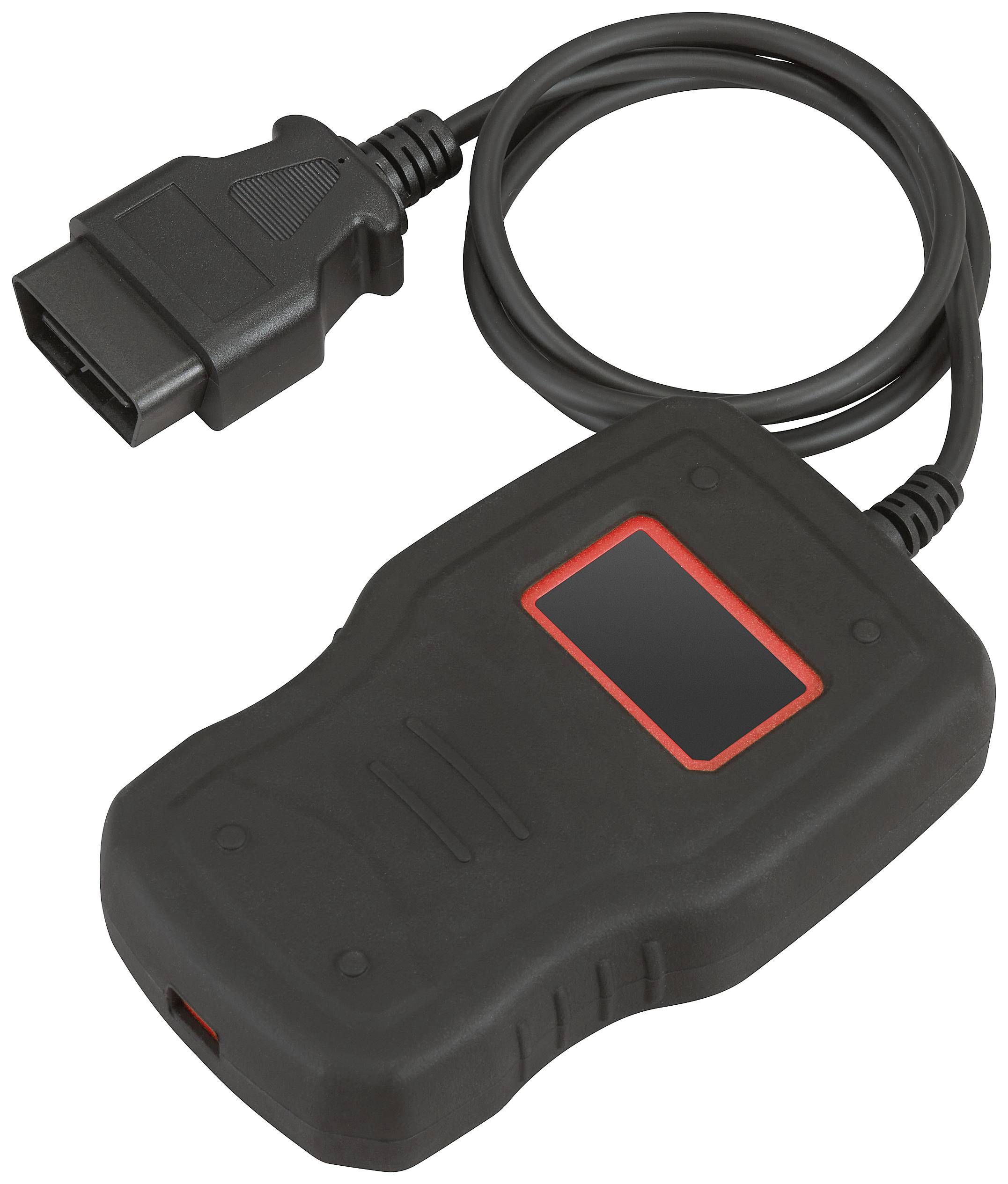 'Black OBD2 diagnostic tool with screen and cable for vehicle diagnostics.'