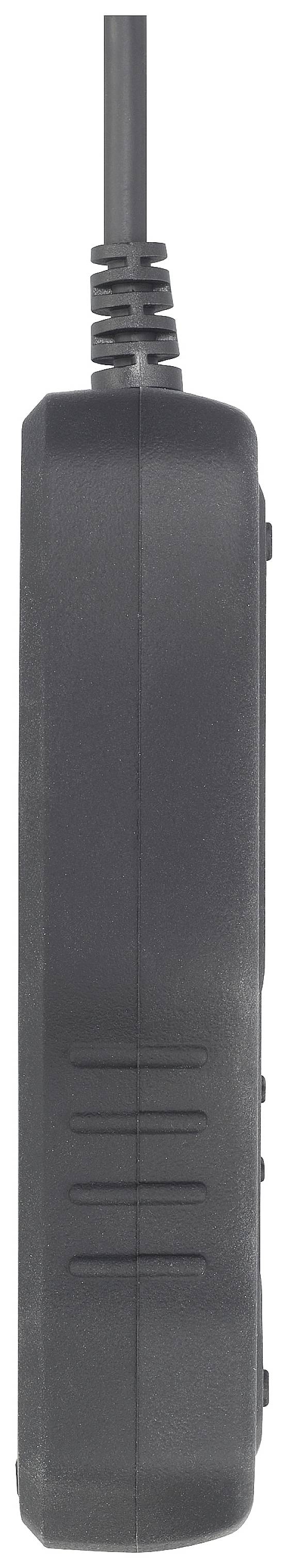 Black, rectangular charger in side view with cable on top.