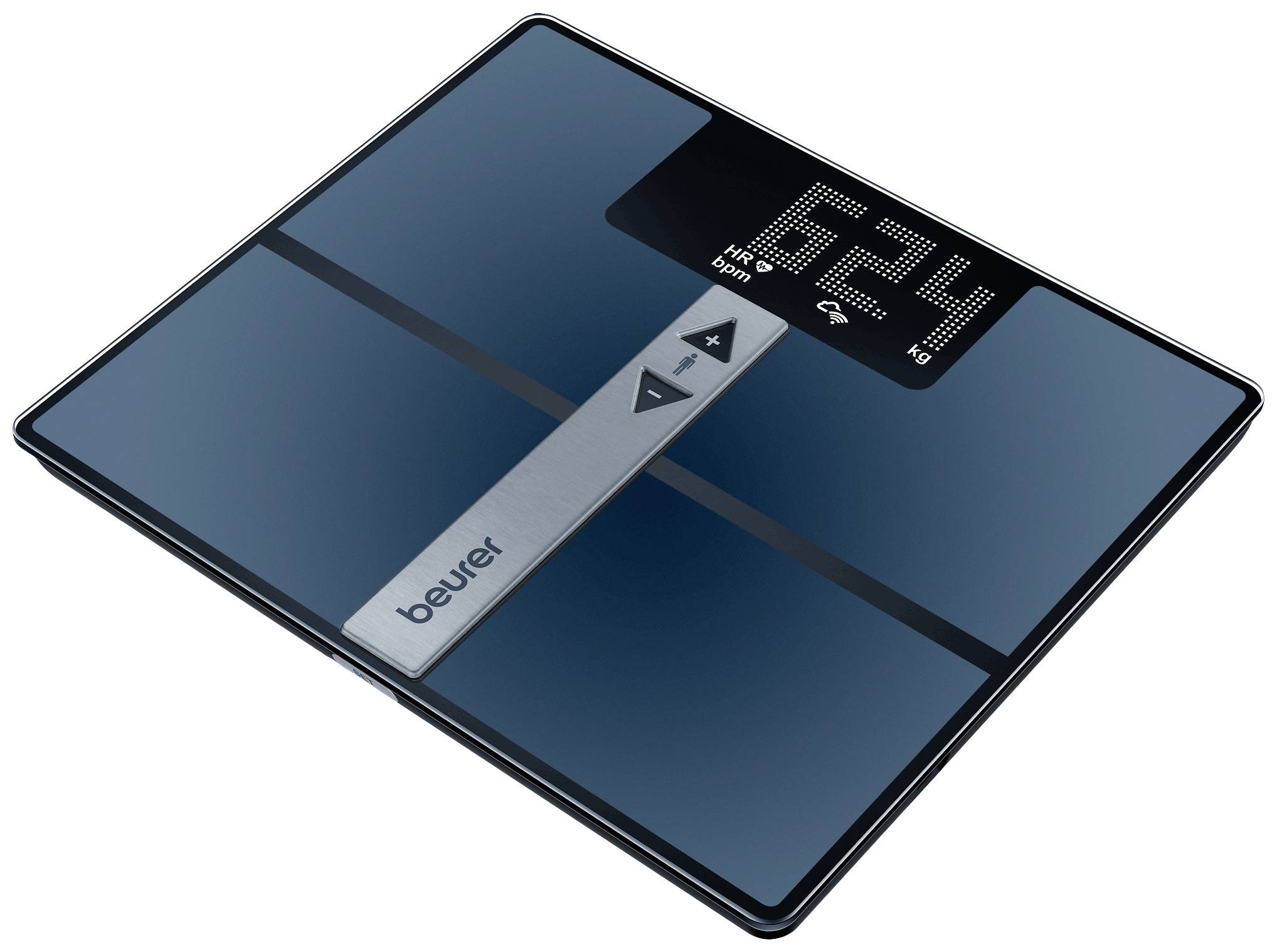 Digital bathroom scales with a dark glass surface, displaying a weight of 62.4 kg. Control buttons located in the centre, display at the top.