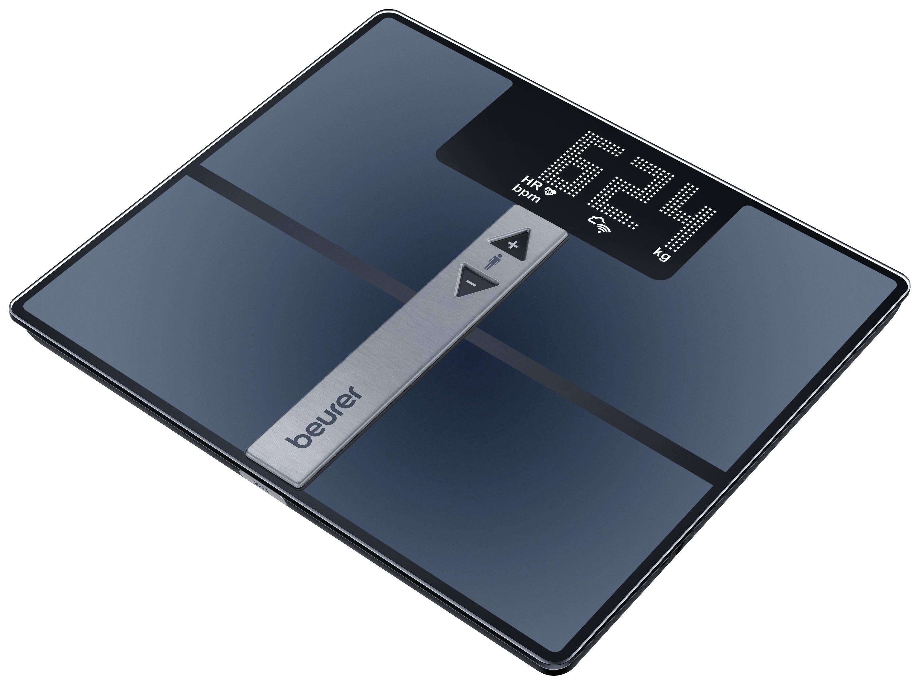 Digital scales with a glass surface and display showing '62.4 kg'. Brand name visible. Black and silver design.
