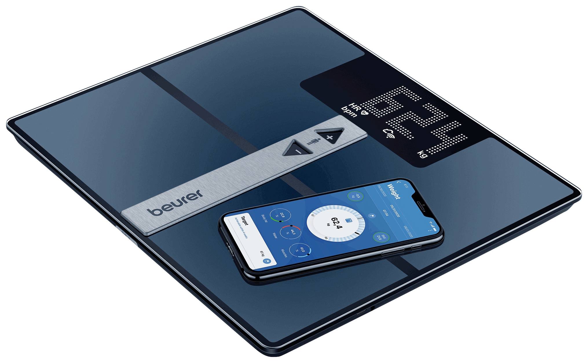 'Digital scales and smartphone with synchronised health app, showing weight, calorie expenditure and health data.'