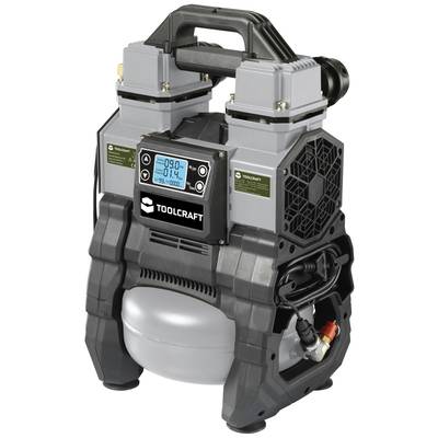 A portable compressor by Toolcraft with a digital display showing air pressure (0.99) and capacity (0.14). Robust casing.