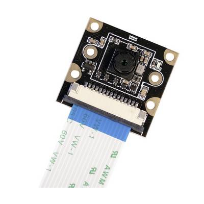 Camera module with flat ribbon cable, used for electronic applications such as surveillance or robotics.