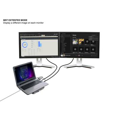 A laptop is connected to two monitors, which are displaying different content in MST extension mode.