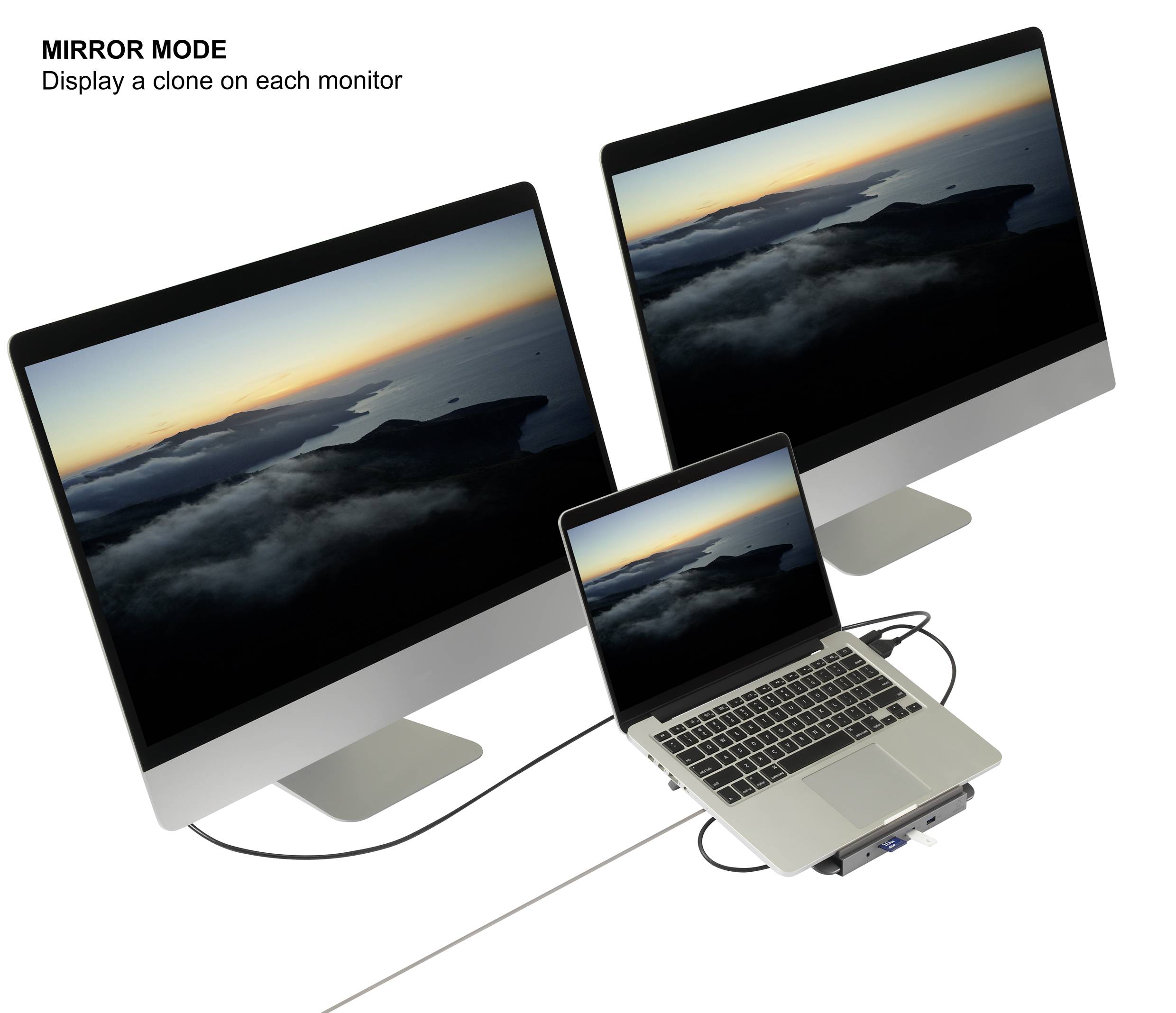 A laptop is connected to two monitors, both showing the same landscape image. The text reads 'MIRROR MODE: Display a clone on each monitor'.
