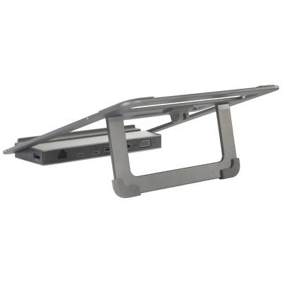 A laptop stand with multiple connection options, including USB, HDMI and VGA. The stand is angled for improved ergonomics.