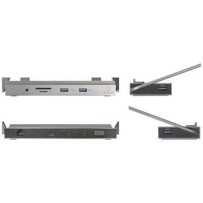 Docking station with multiple ports: HDMI, VGA, USB and Ethernet. Shows front and side view for device connection.