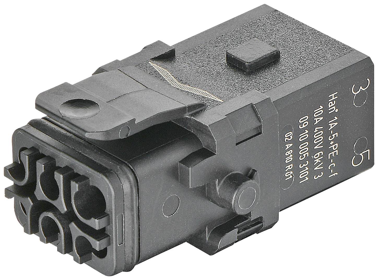 In the image, a black electric plug connector can be seen, suitable for 10A and 400V, with multiple contact points.