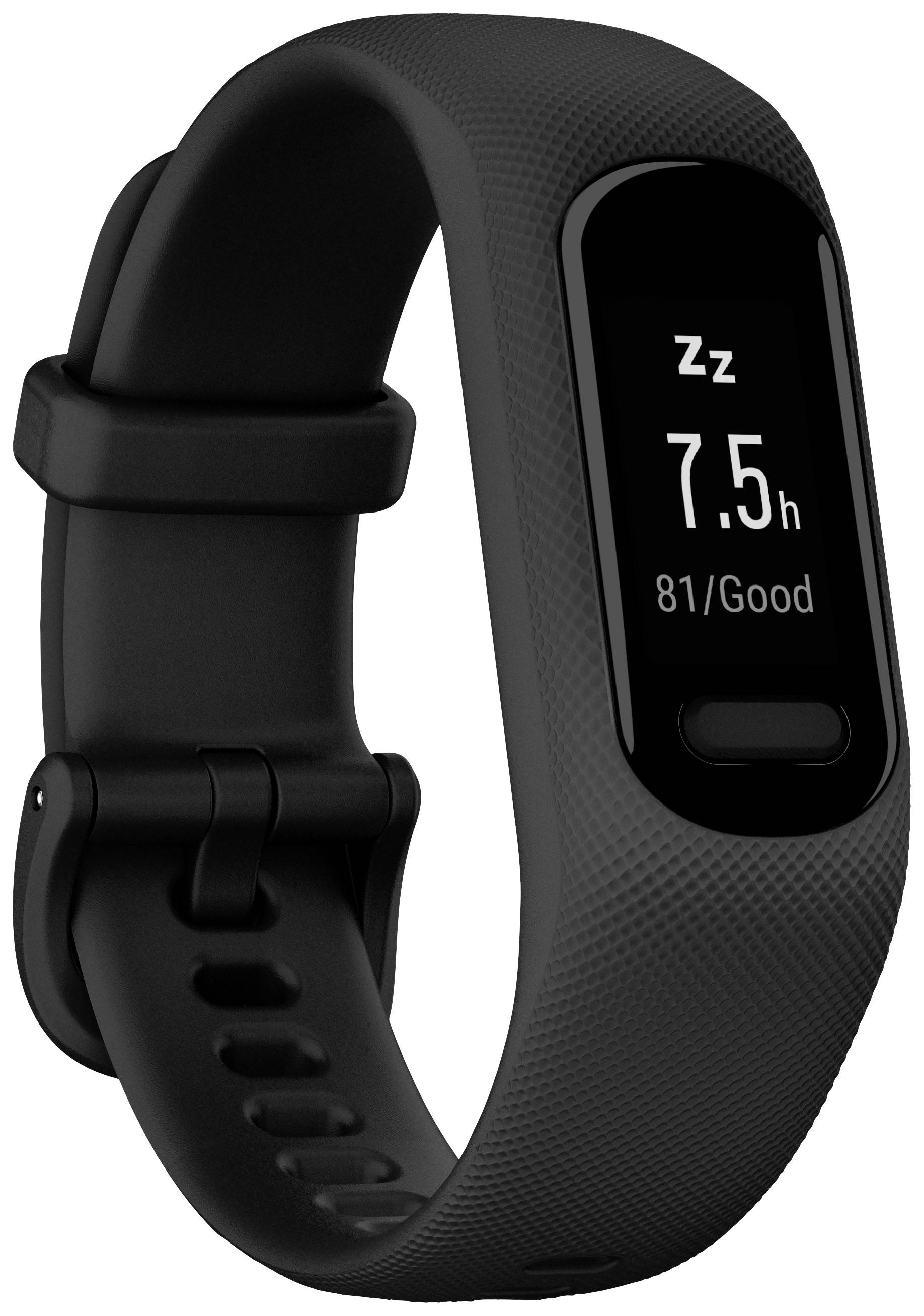 Black smartwatch with sleep tracking function, displaying 7.5 hours of sleep time and a rating of 81/Good on the screen.