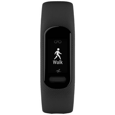 Black fitness band shows a pictogram of a walking person with the display 'Walk' on the screen.