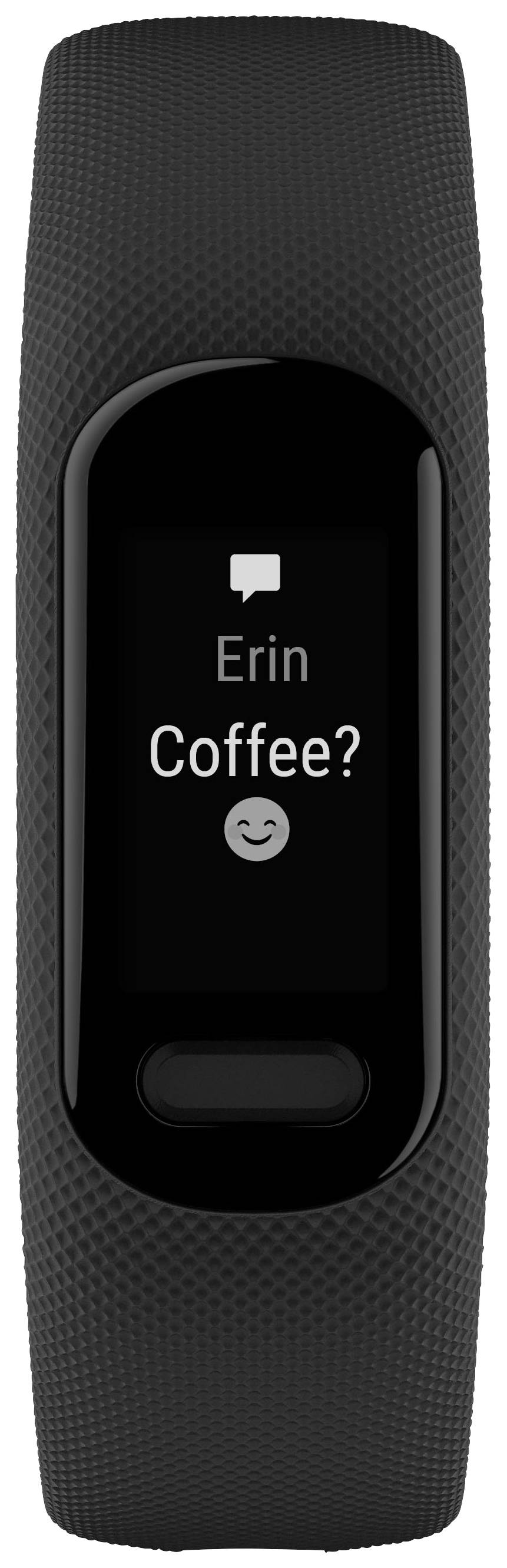 Fitness tracker displaying a message on the screen: 'Erin: Coffee?' with a smiling emoji.