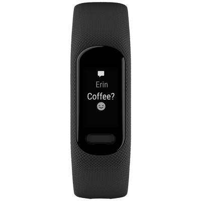 Fitness tracker displaying a message on the screen: 'Erin: Coffee?' with a smiling emoji.