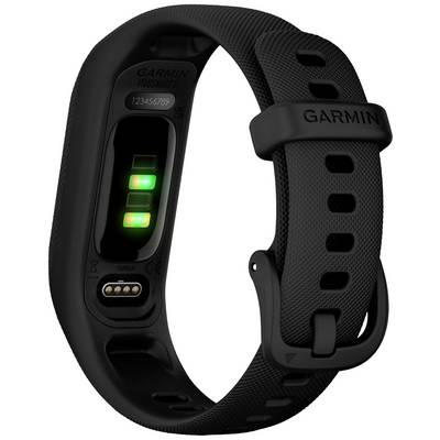 Black fitness wristband with integrated sensors and green light for heart rate monitoring. Soft material with adjustable fastening.