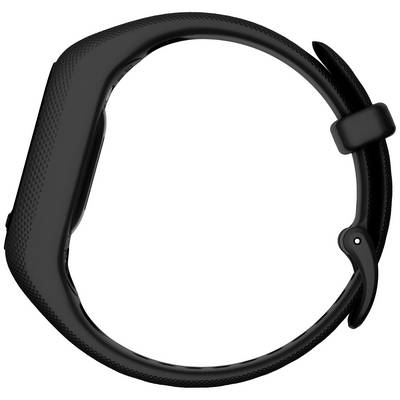 The image shows a black smartwatch from a side view. The design is sleek and modern, with a slightly curved strap.