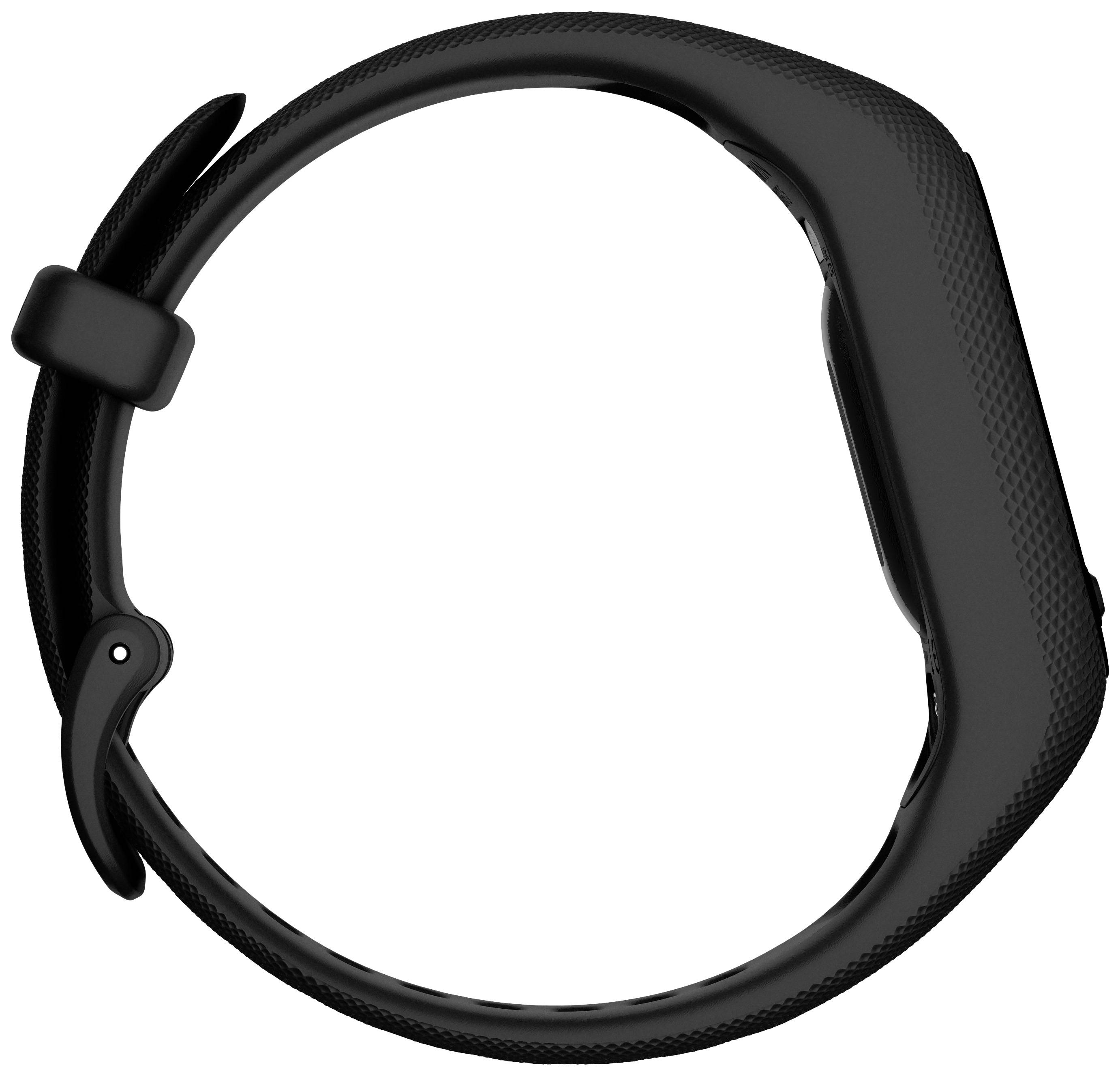 Black smartwatch in side view with textured strap and rectangular case, display not visible.