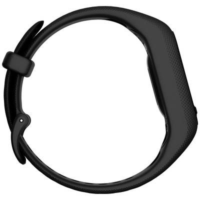 Black smartwatch in side view with textured strap and rectangular case, display not visible.