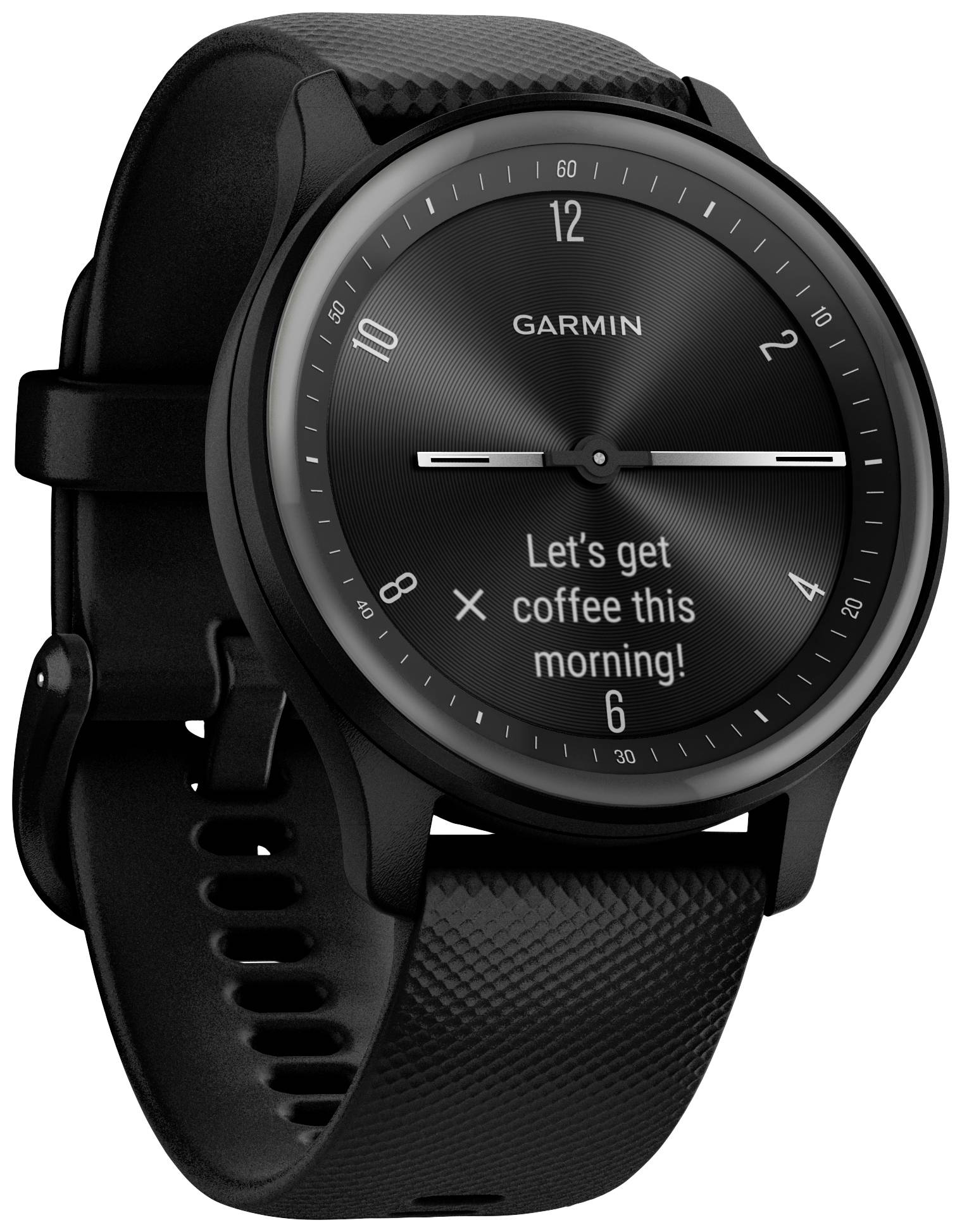 A black smartwatch with a round dial displays the message 'Let's get coffee this morning!' against a neutral background.