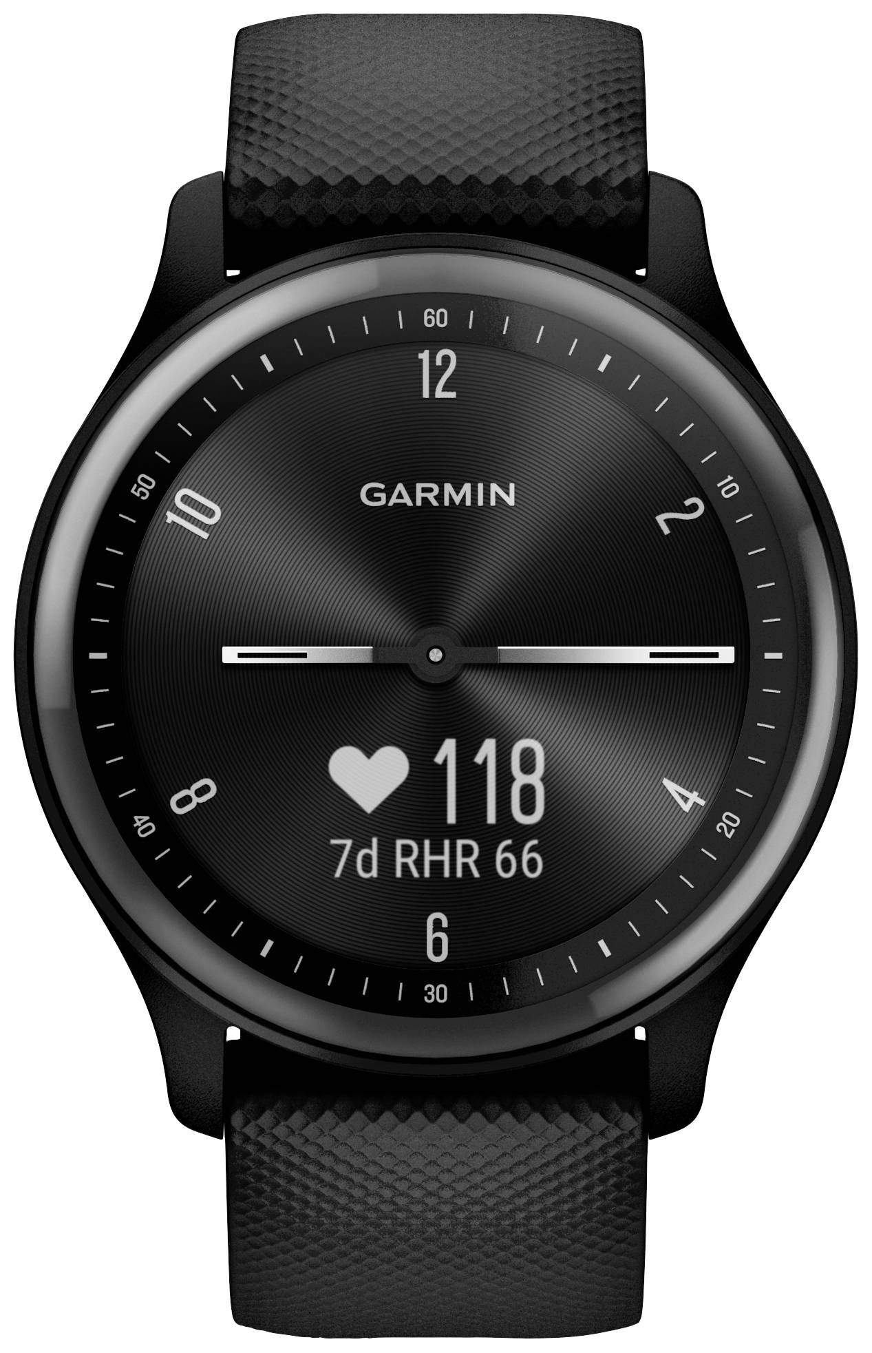 A black smartwatch displays the time and a heart rate of 118. Below it reads '7d RHR 66'.