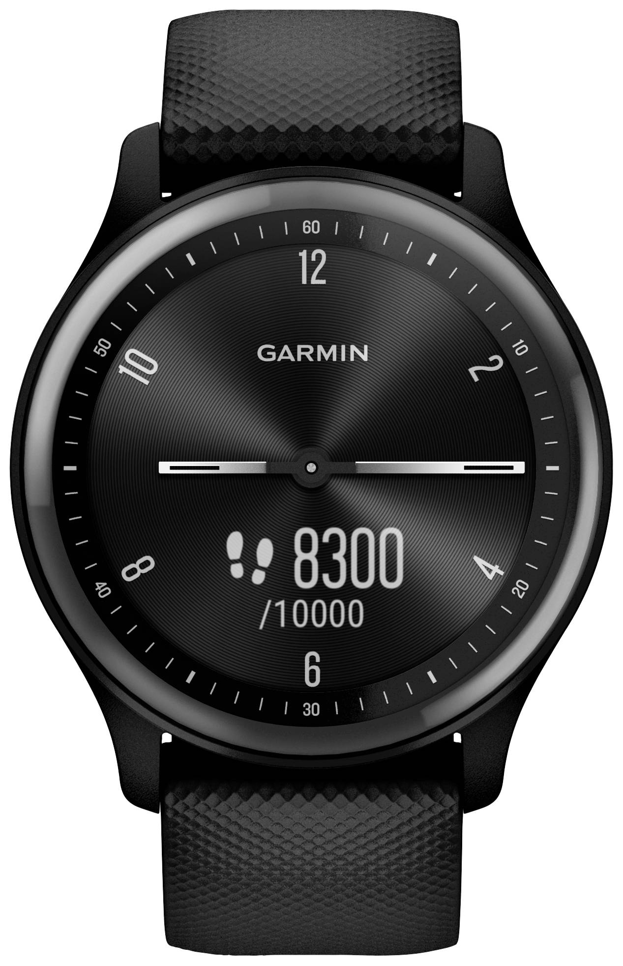 A black smartwatch displays on its dial 'GARMIN' and '8300/10000' steps.