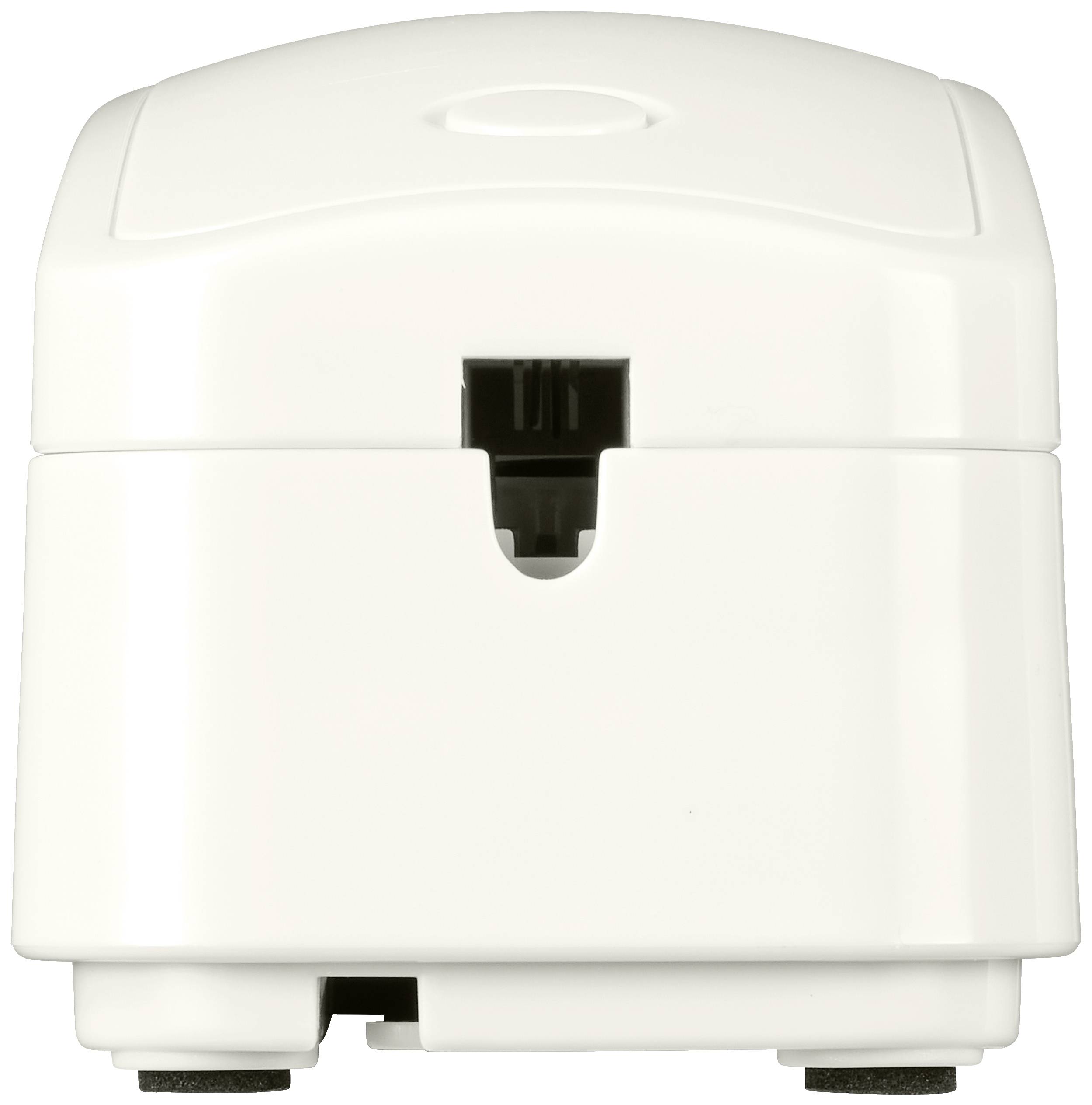 A white, compact electric pencil sharpener with a slot on the front. Ideal for use in the office or at home.
