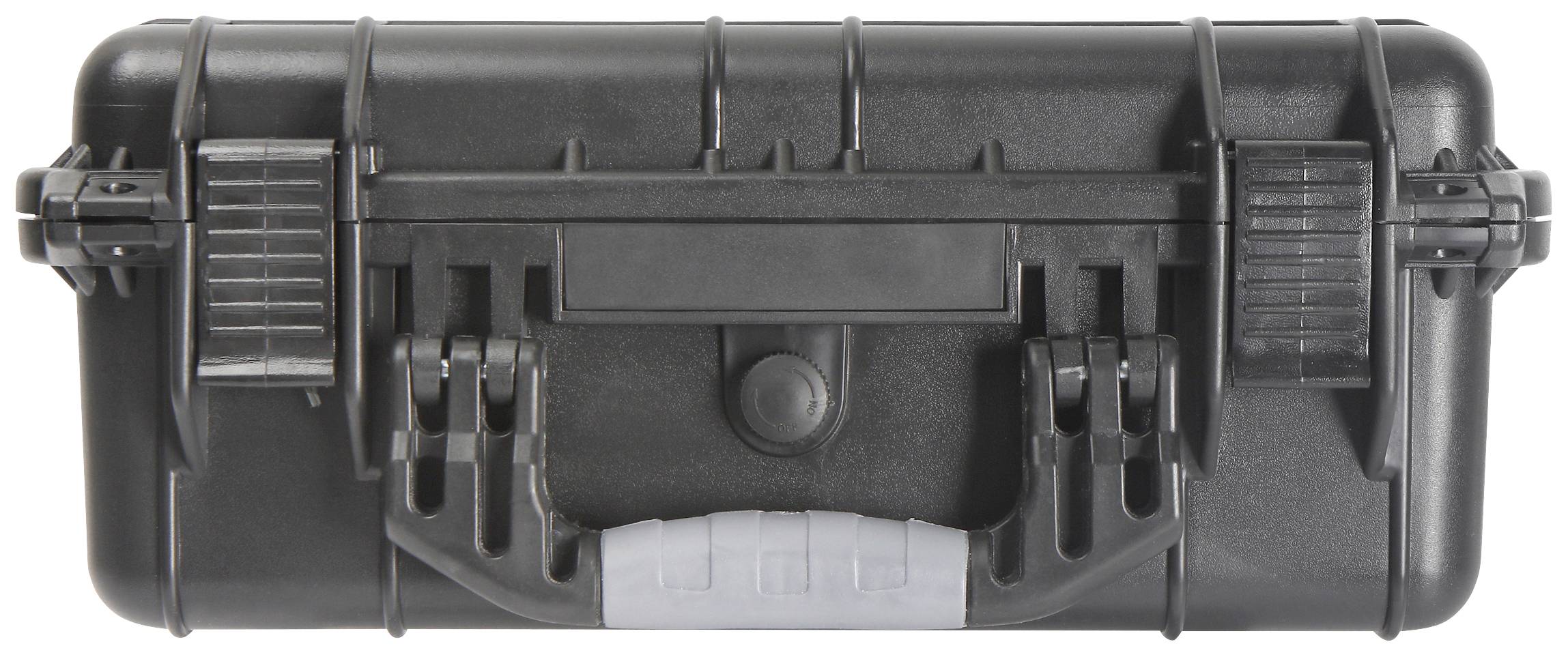 Black hard-shell suitcase with robust locks and handle, suitable for the secure transportation of delicate equipment.