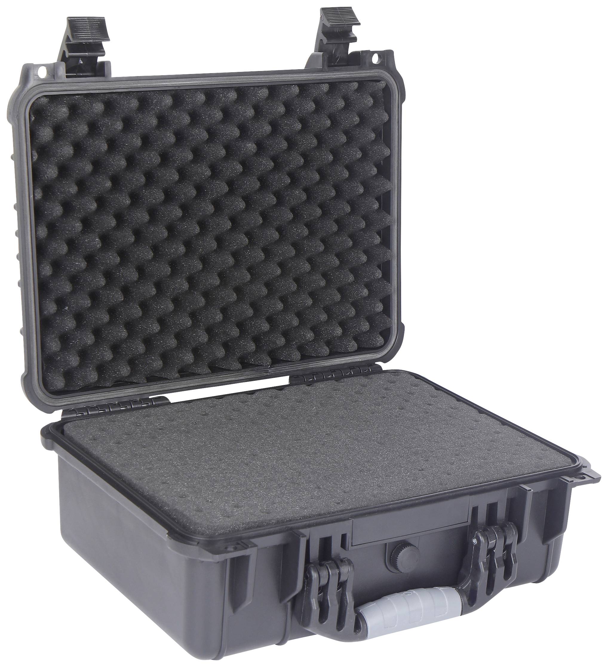 Black, open hard-shell case with foam lining, suitable for protecting sensitive equipment during transport.