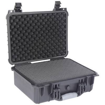 Black, open hard-shell case with foam lining, suitable for protecting sensitive equipment during transport.