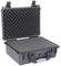 Black, open hard-shell case with foam lining, suitable for protecting sensitive equipment during transport.