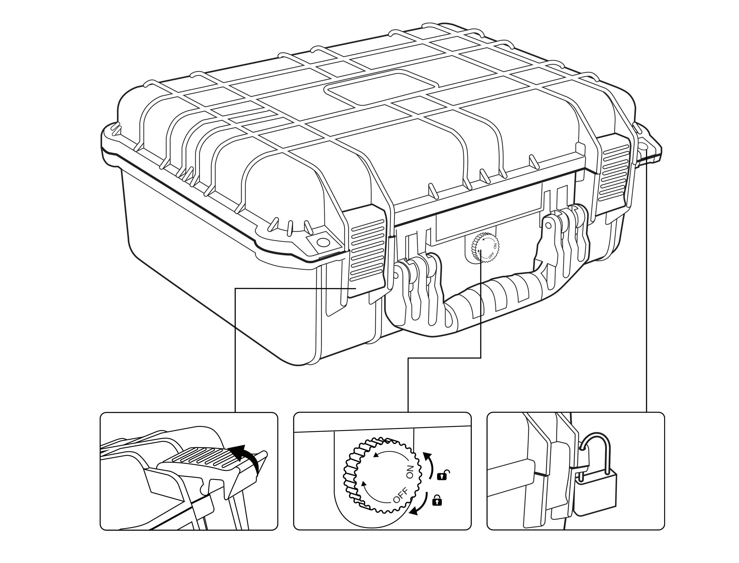 Protective case with security mechanisms; featuring reinforced corners, wheeled system, and padlock. Suitable for secure transportation.