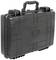 A black, robust suitcase with a handle on top. The suitcase has square patterns on its surface and securing clasps.