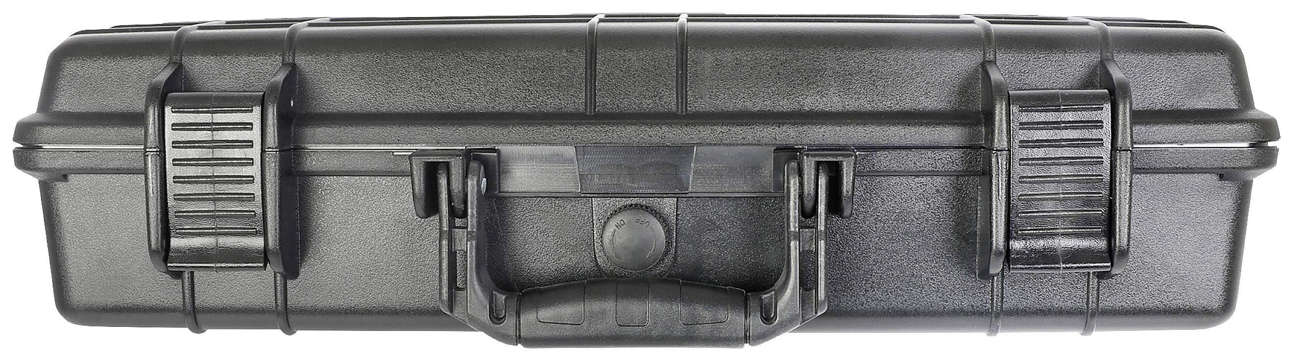 A black, robust plastic case with locks and a handle, suitable for the secure transportation of delicate items.