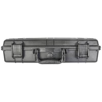 A black, robust plastic case with locks and a handle, suitable for the secure transportation of delicate items.
