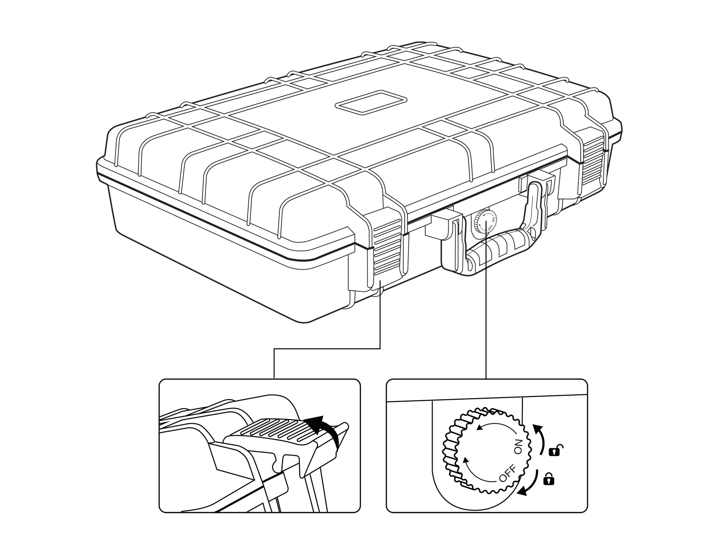 Hard-shell suitcase with security lock, shown closed. Detailed view of the locking mechanism with 'Locked' and 'Unlocked' positions marked.