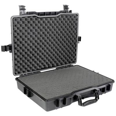Open, empty black hard-shell case with foam padding, suitable for the secure transportation of delicate items.